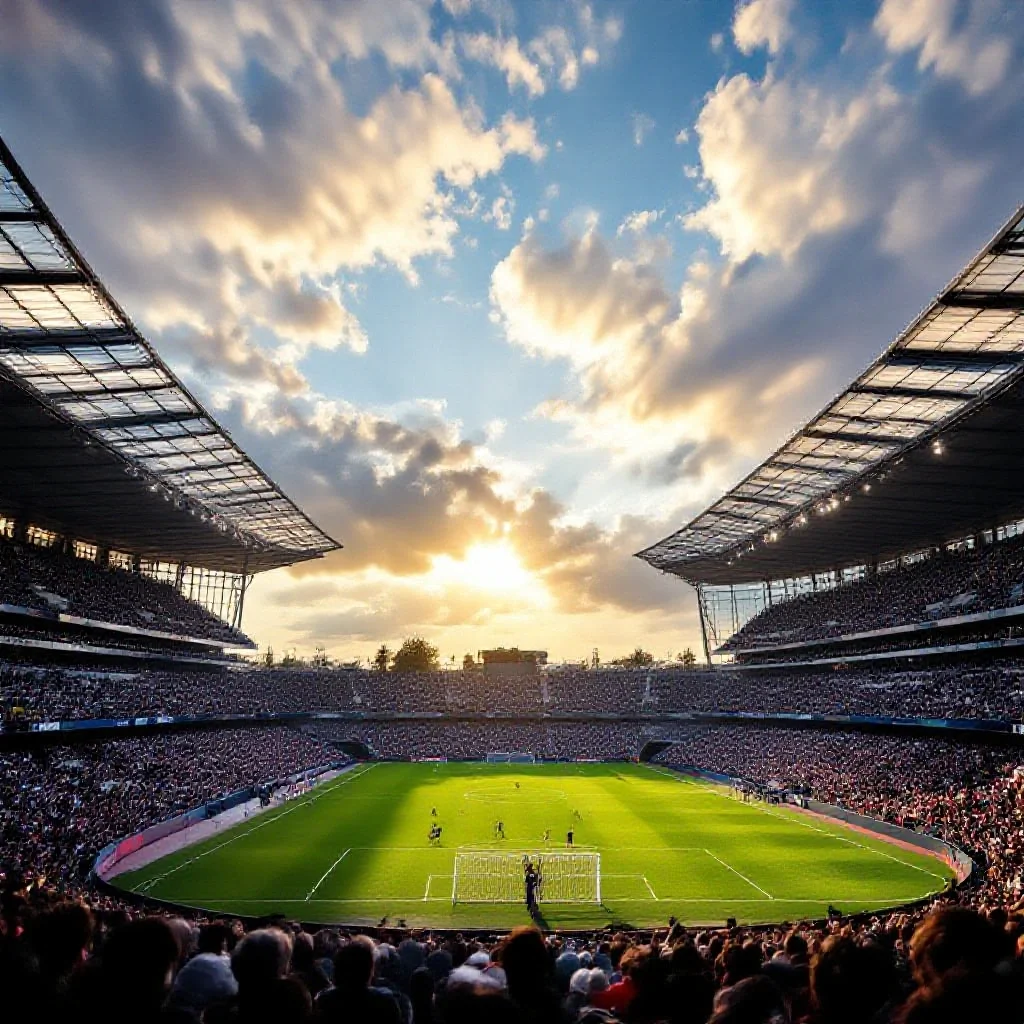 An entire football pitch viewed from high in the stands