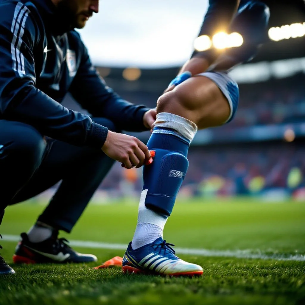 A football player’s shin pad and sock being adjusted by a physio on the touch...