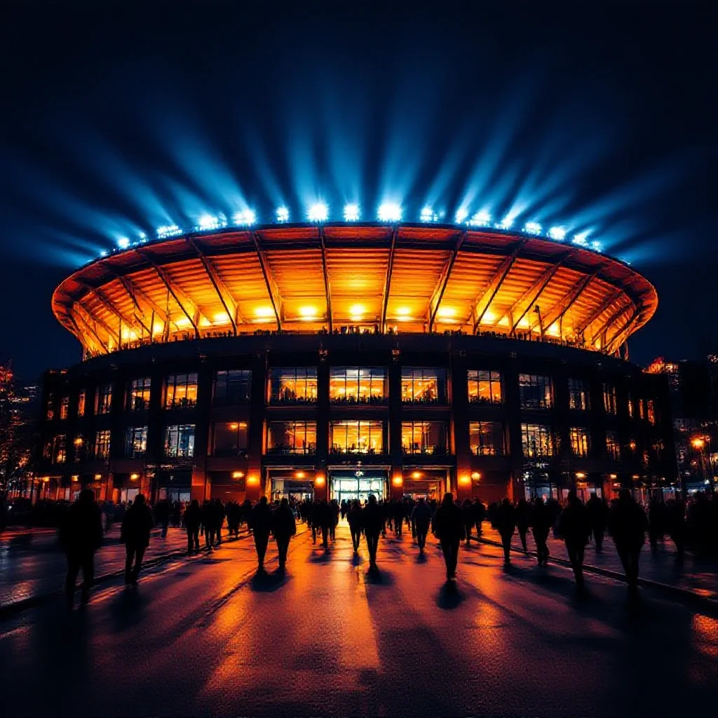 A floodlit football stadium at night