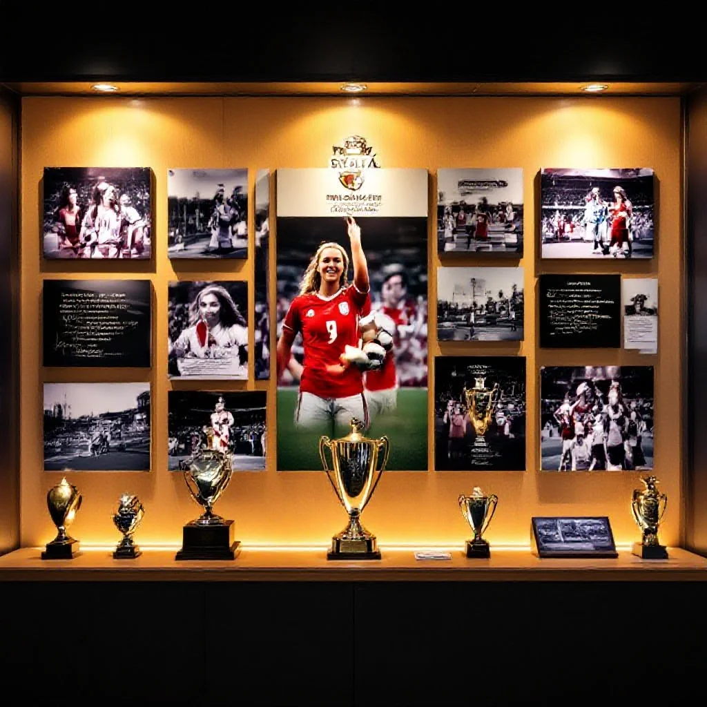 A commemorative wall at a women’s football club celebrating key moments and m...