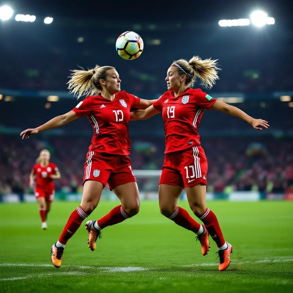 Two female footballers competing for a header
