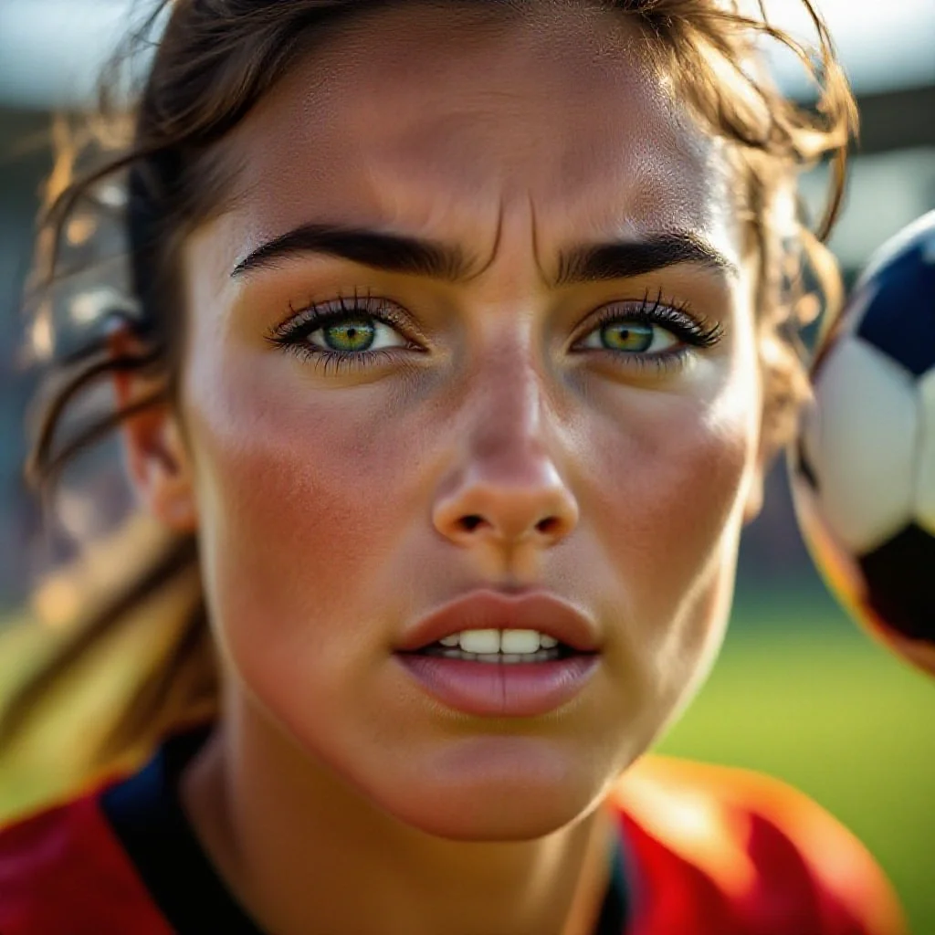 A female footballer’s face at the moment she strikes a powerful shot