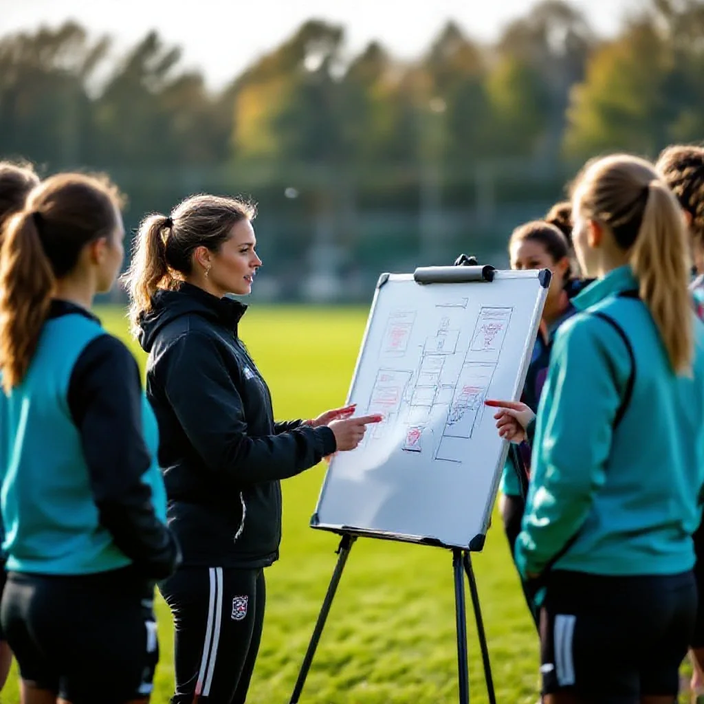 A women’s football coach giving tactical instructions on a training pitch
