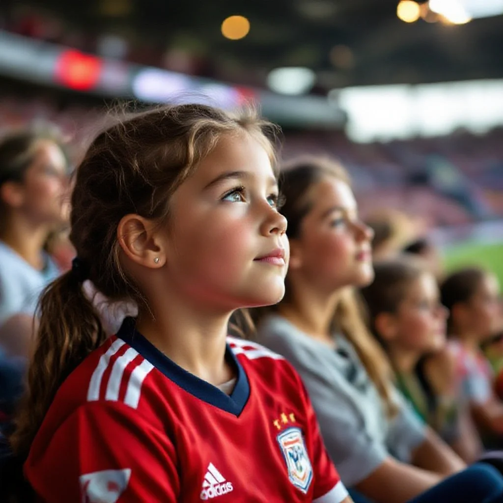 A young girl aged about 8 in a women’s football jersey watching a professiona...