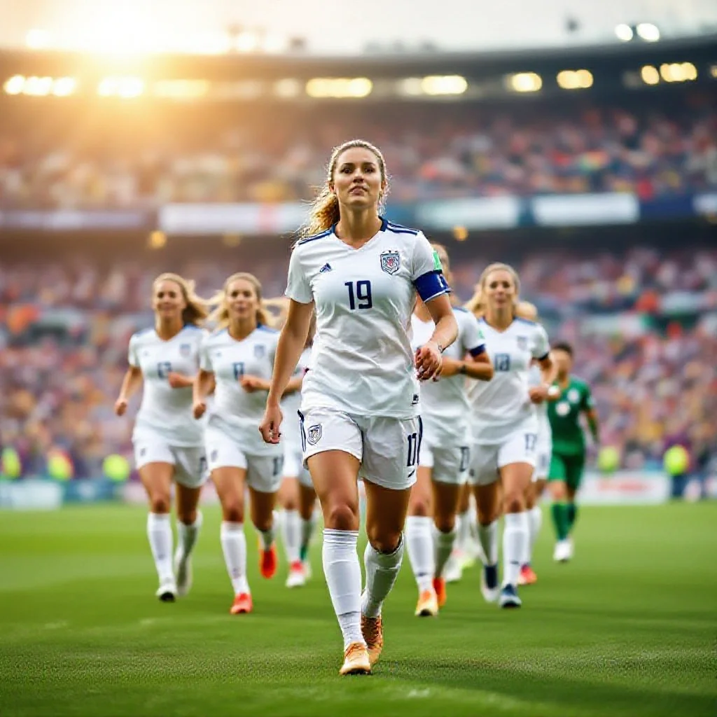 A female football captain leading her team onto the pitch for a big match
