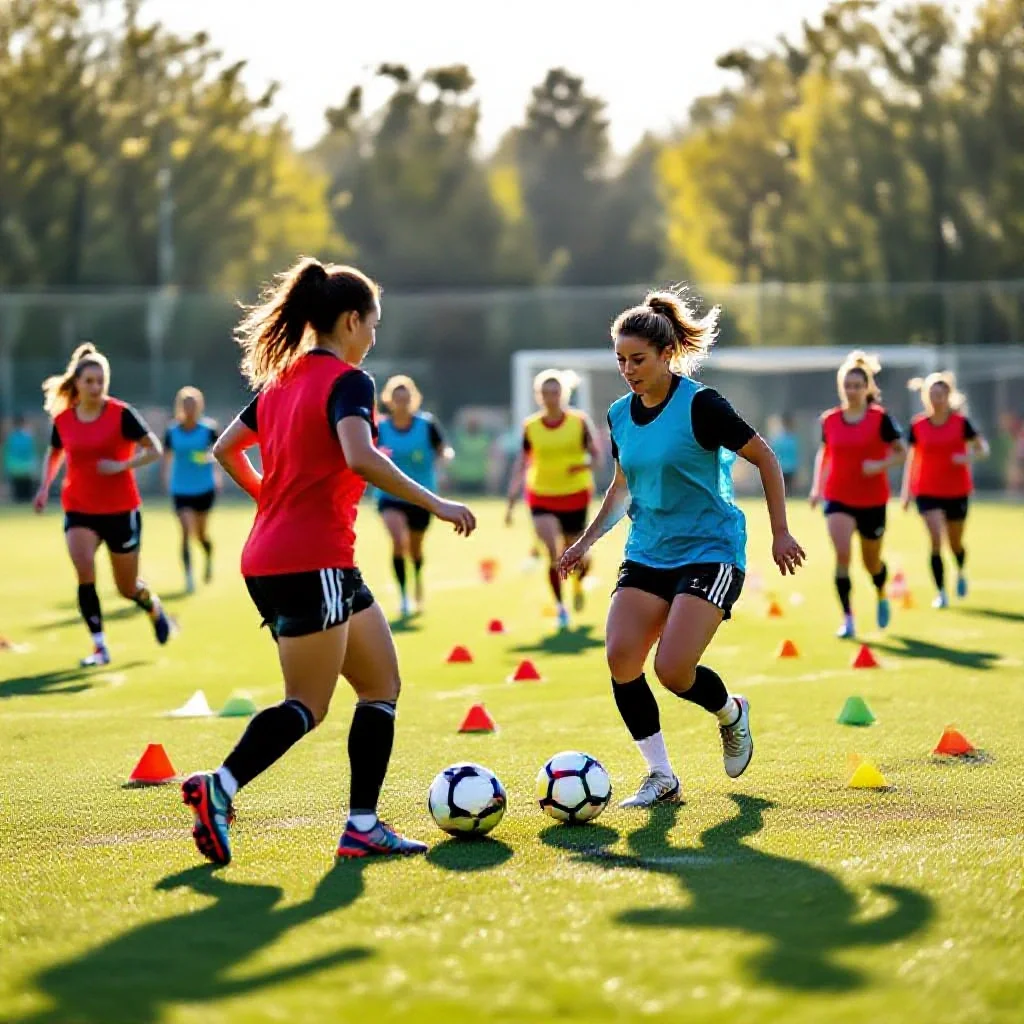 A women’s football training session with 20+ players in small-sided games on...
