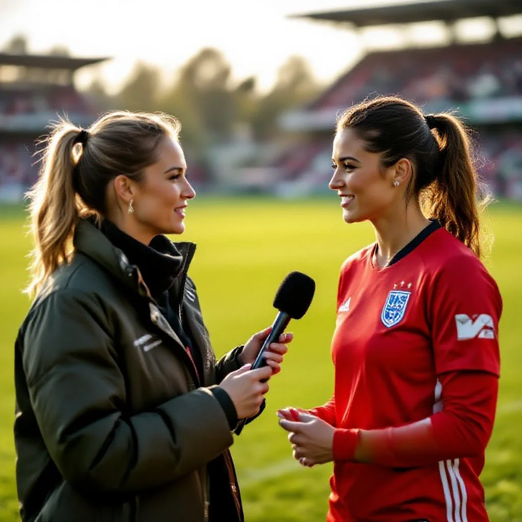 A female sports journalist interviewing a women’s football star on a pitchsid...