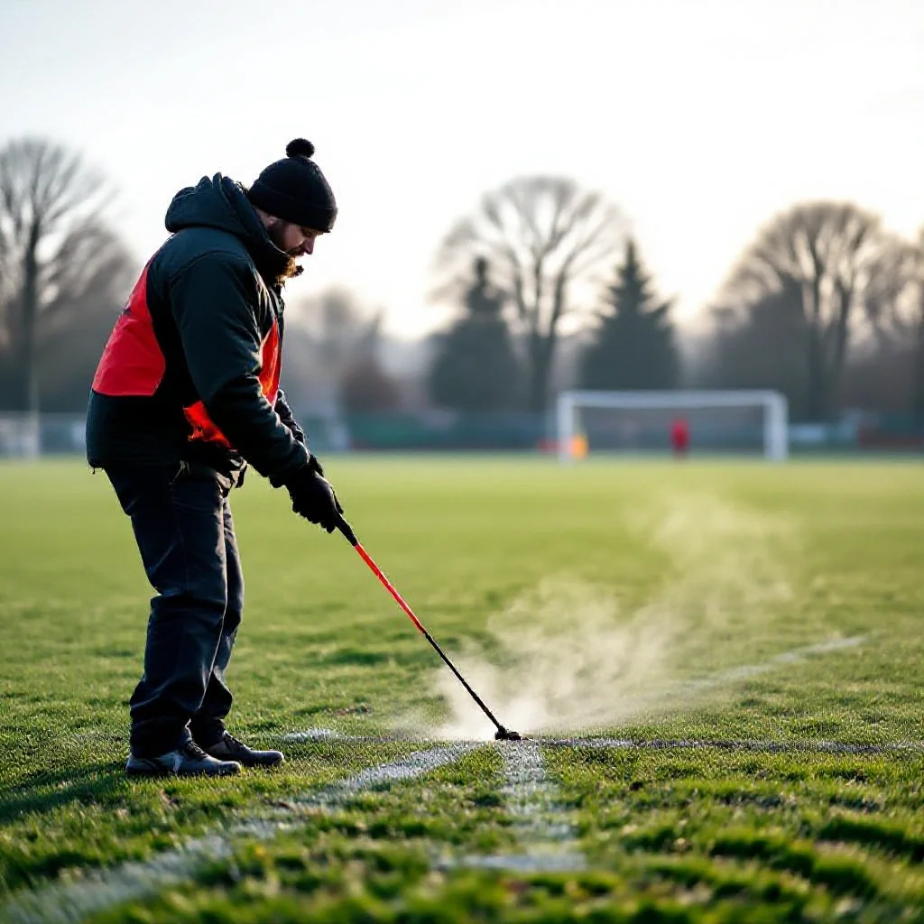 A club volunteer preparing the pitch with a line marker on a Saturday morning