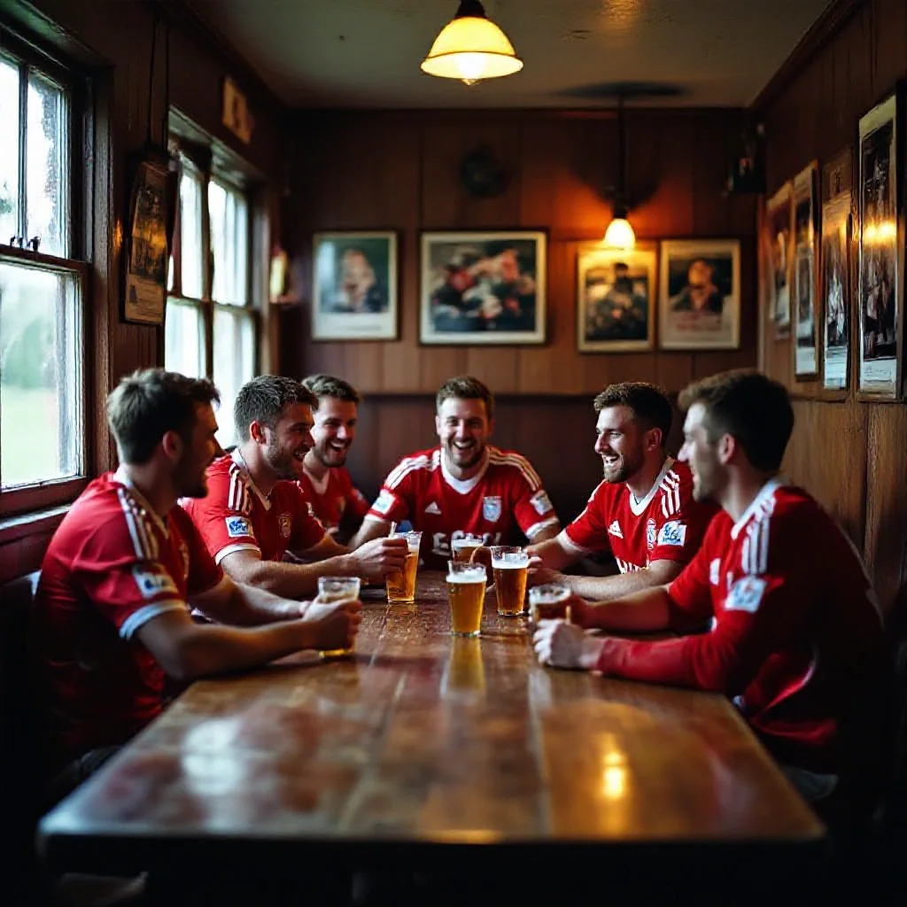 The interior of a simple village football club bar after a match