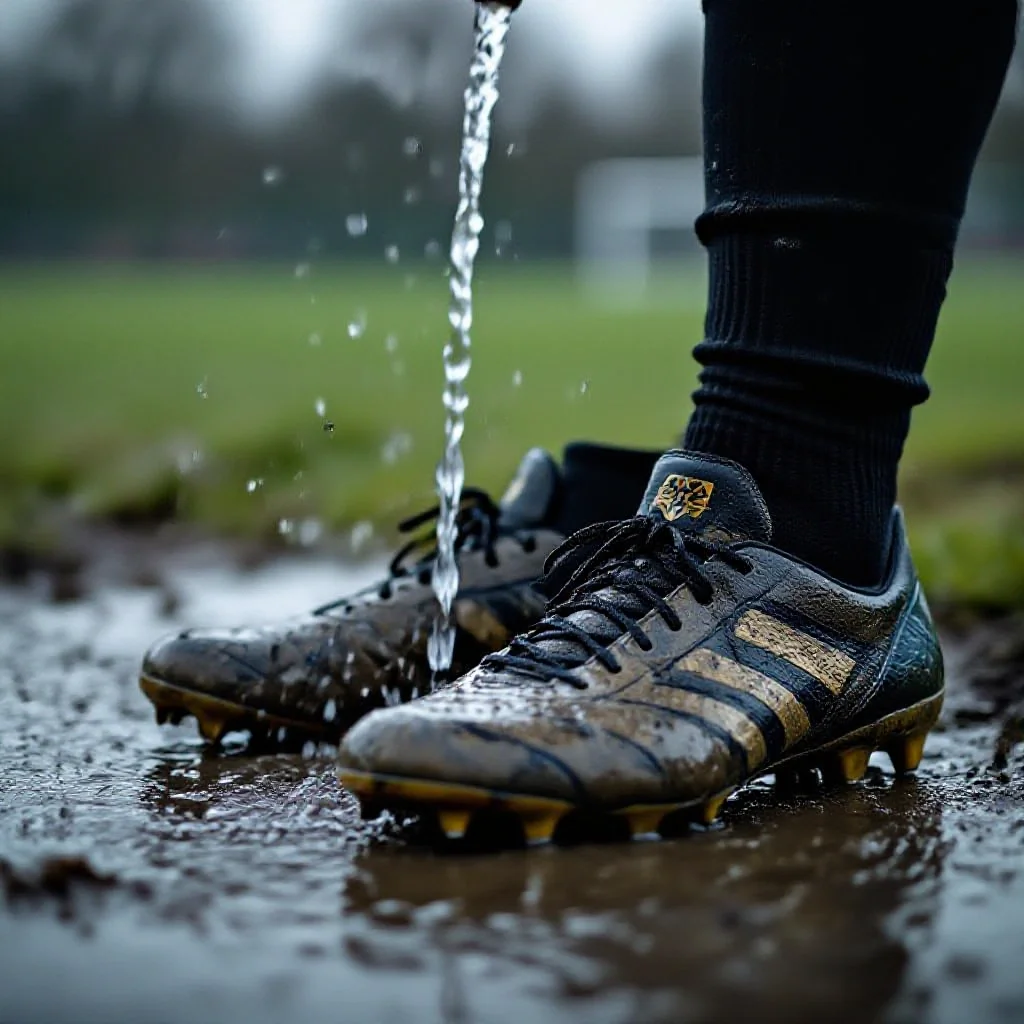Muddy amateur football boots being washed under an outdoor tap after a match