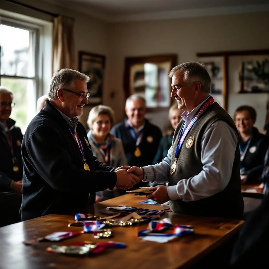 An amateur club president handing out end-of-season medals at a simple ceremo...