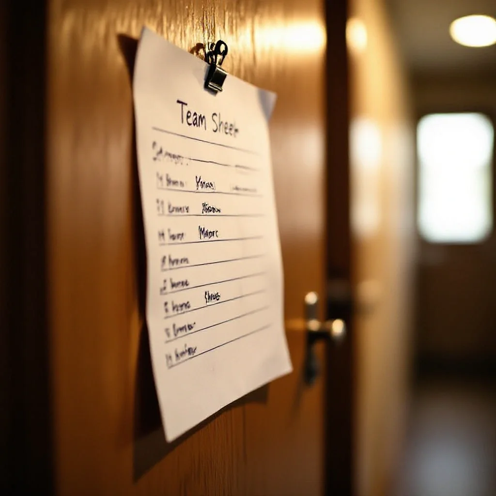 A handwritten team sheet pinned to a dressing room door