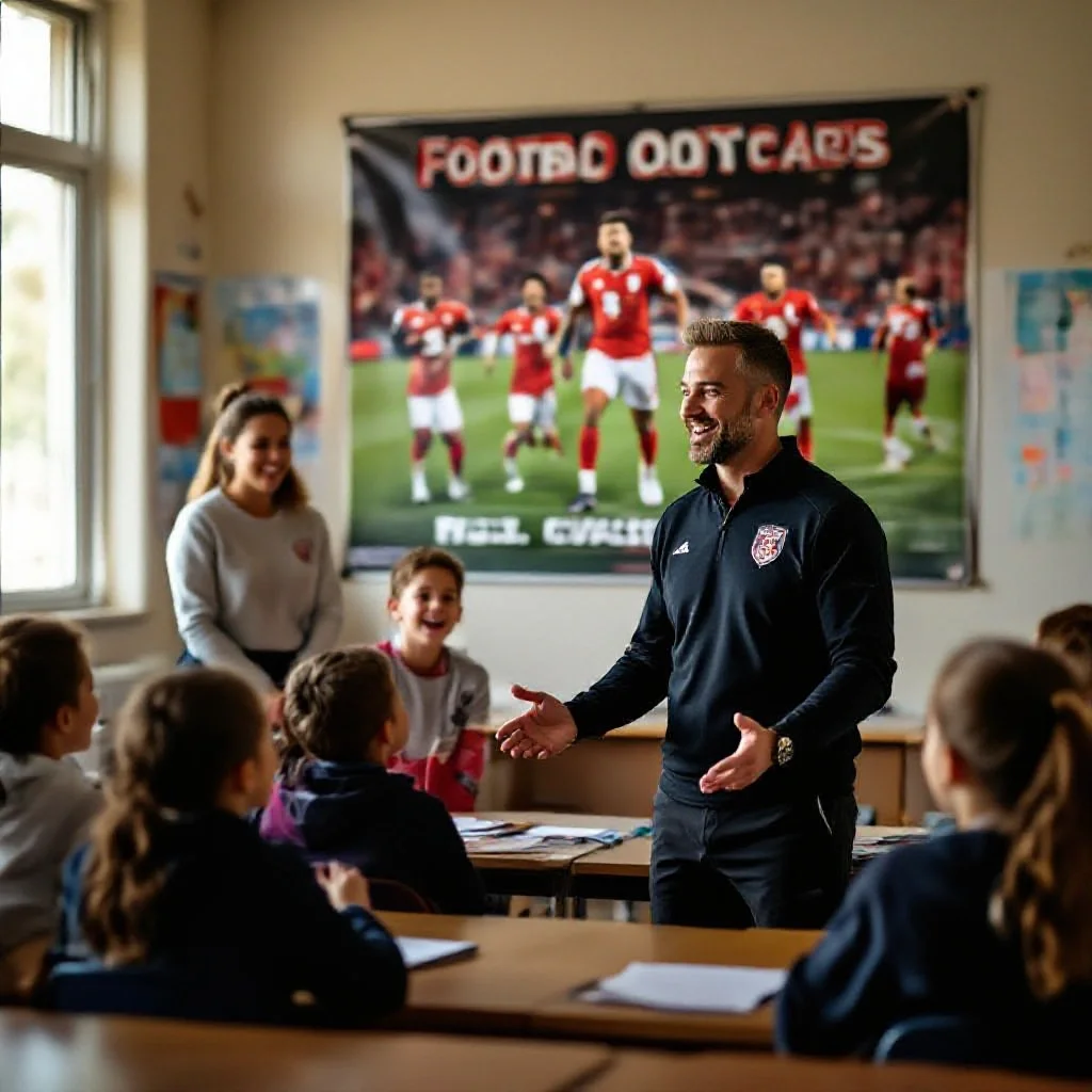 A football club representative visiting a school classroom