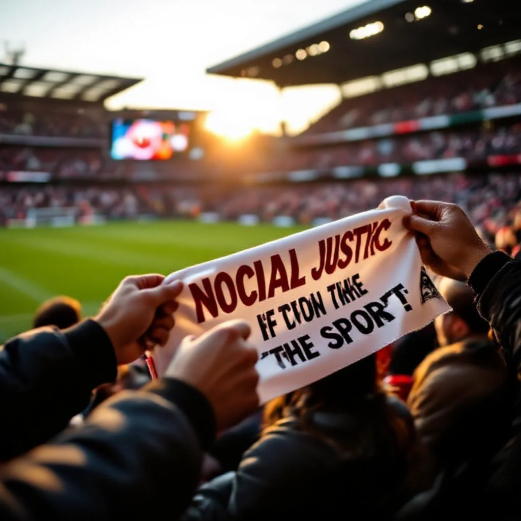 A football supporter’s hands unrolling a social justice banner with a footbal...