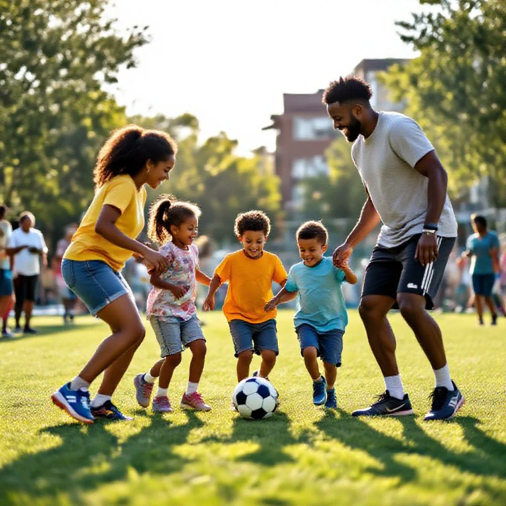 A community football day in a diverse urban neighborhood