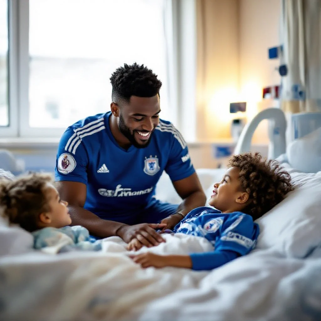 A professional footballer visiting a hospital pediatric ward