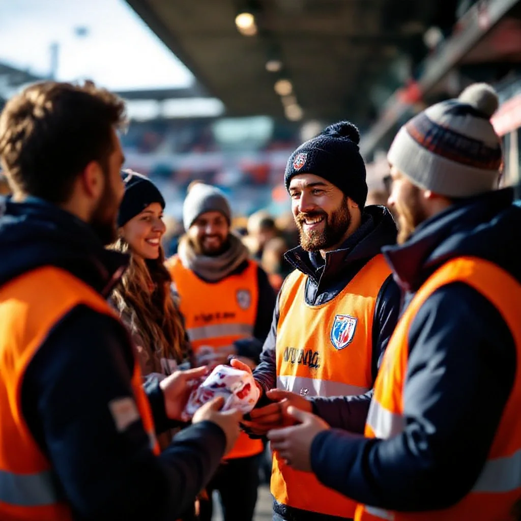 A French football club’s 'open doors day' program, volunteers in club bibs w...