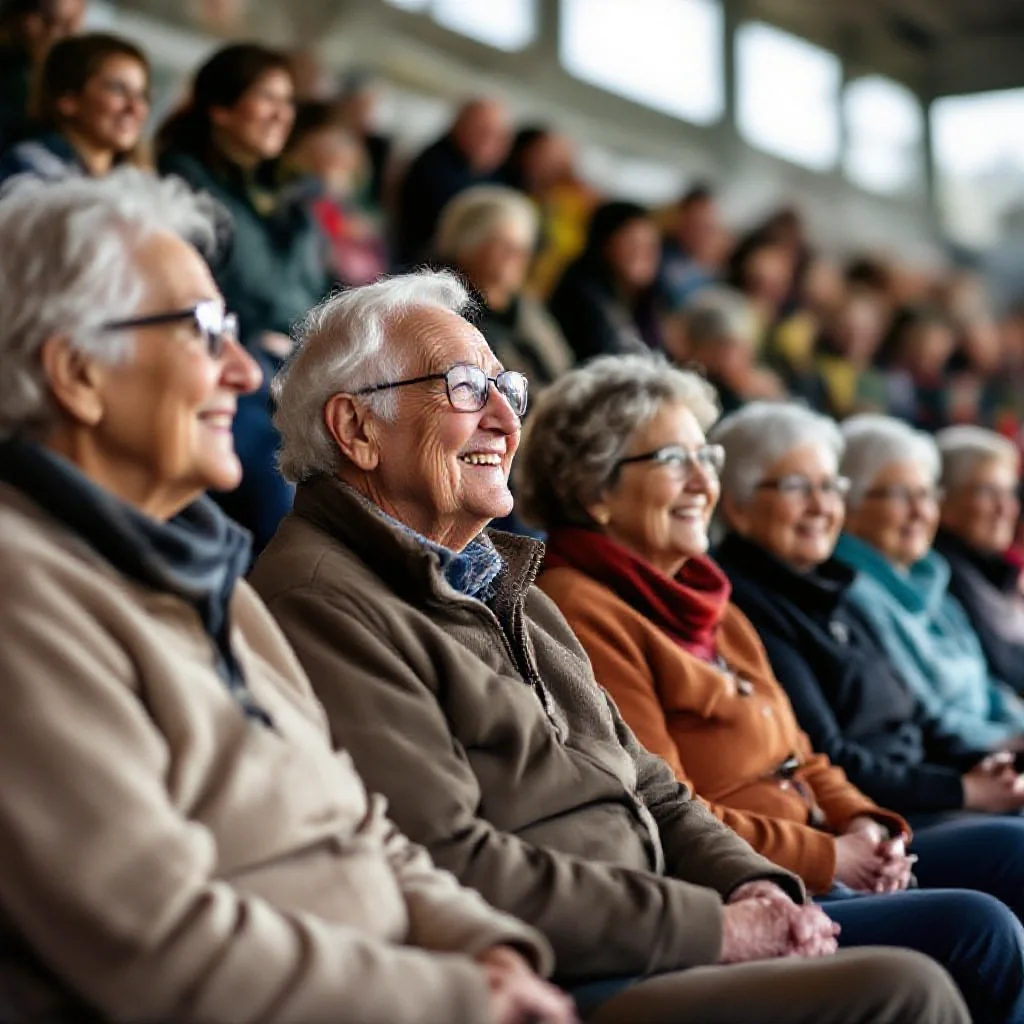 A group of elderly residents watching a professional training session from th...