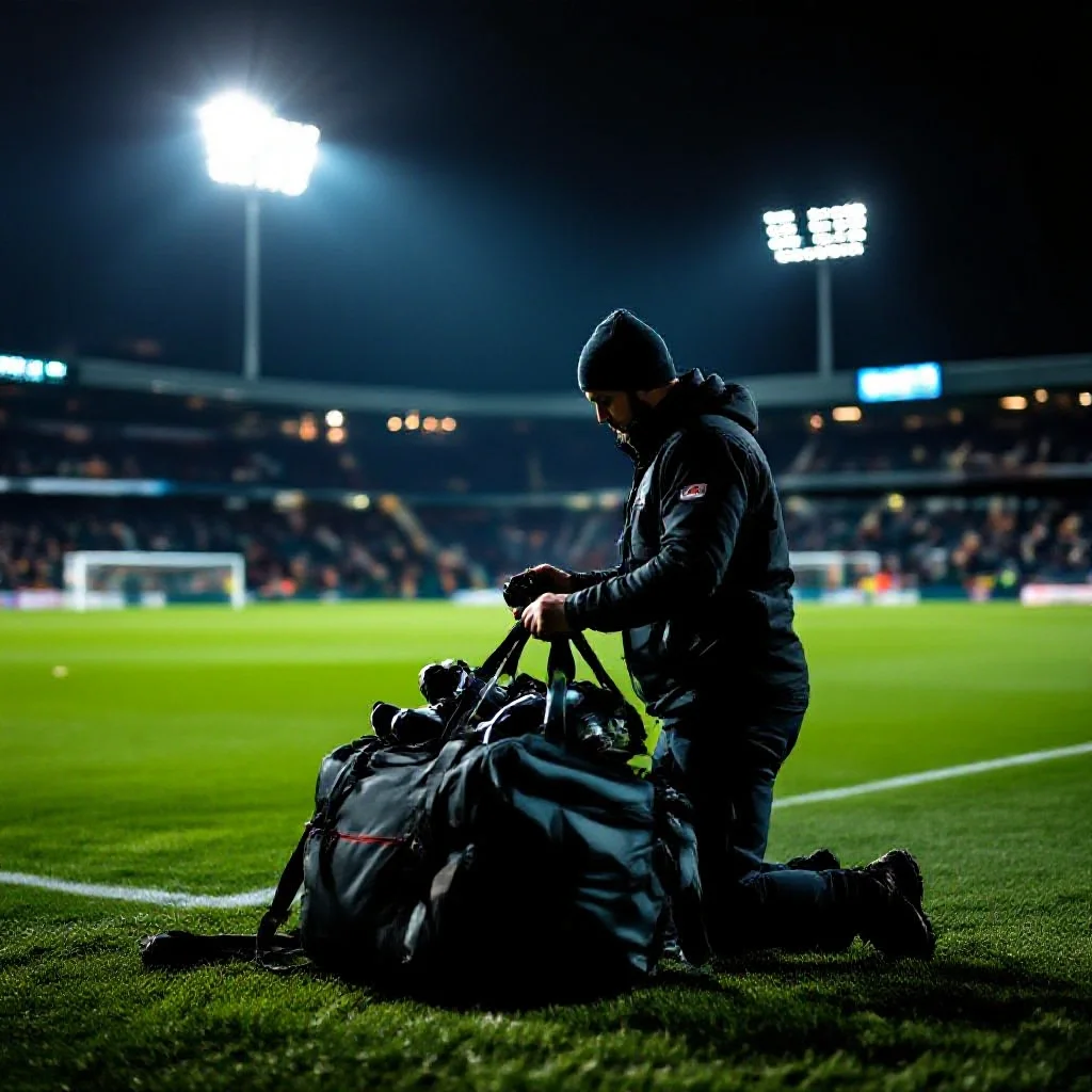 A sports photographer packing equipment into a large camera bag beside the pi...