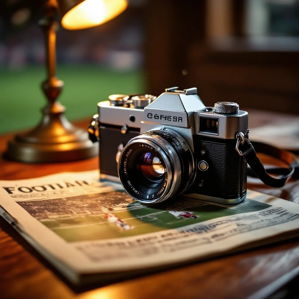 A vintage film camera resting on a football programme from a historical match