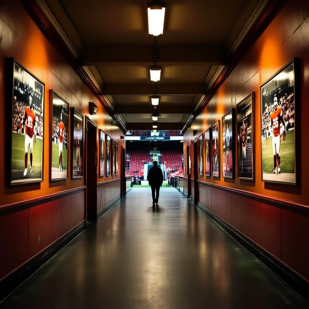 A long corridor in a football stadium with historic match photographs mounted...