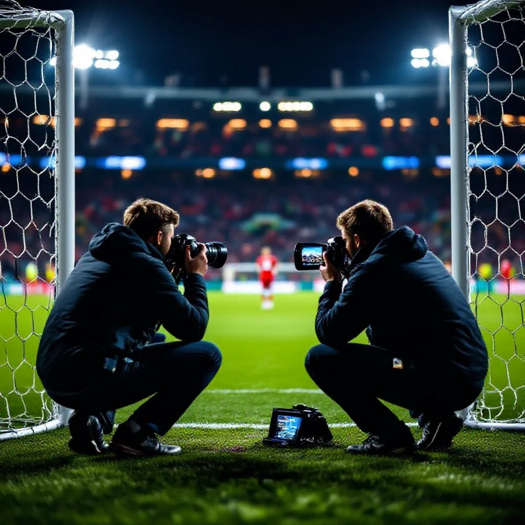 Two sports photographers at pitch-level comparing images on their camera screens