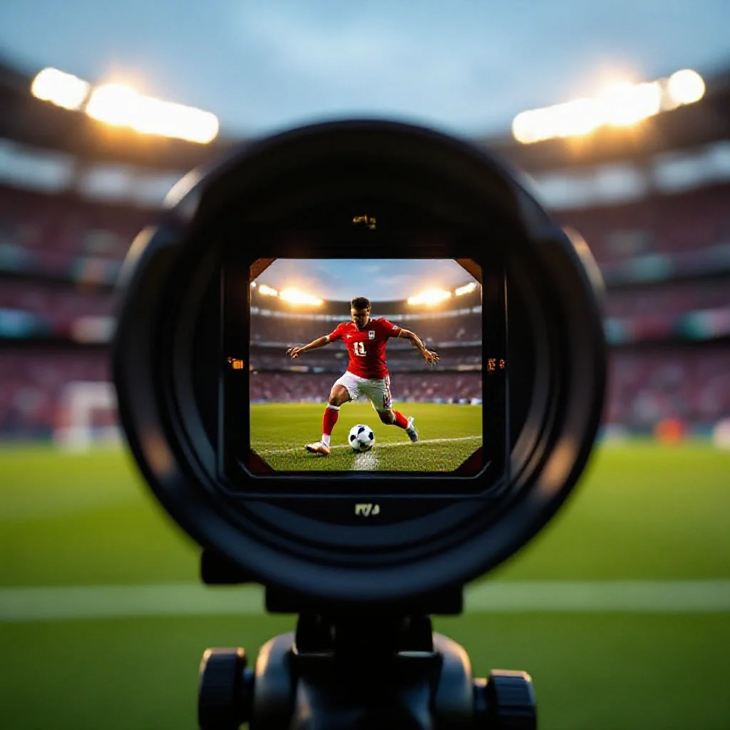 A camera viewfinder with a perfectly framed shot of a footballer mid-strike v...