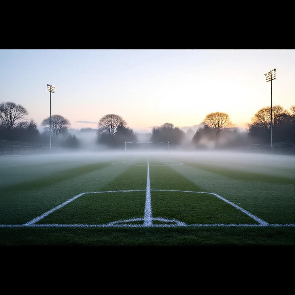 An empty football pitch at dawn