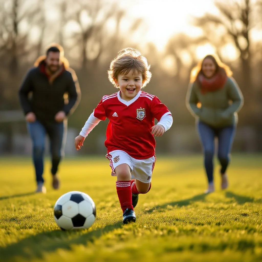 A young child in a football kit running toward a ball on a simple grass pitch