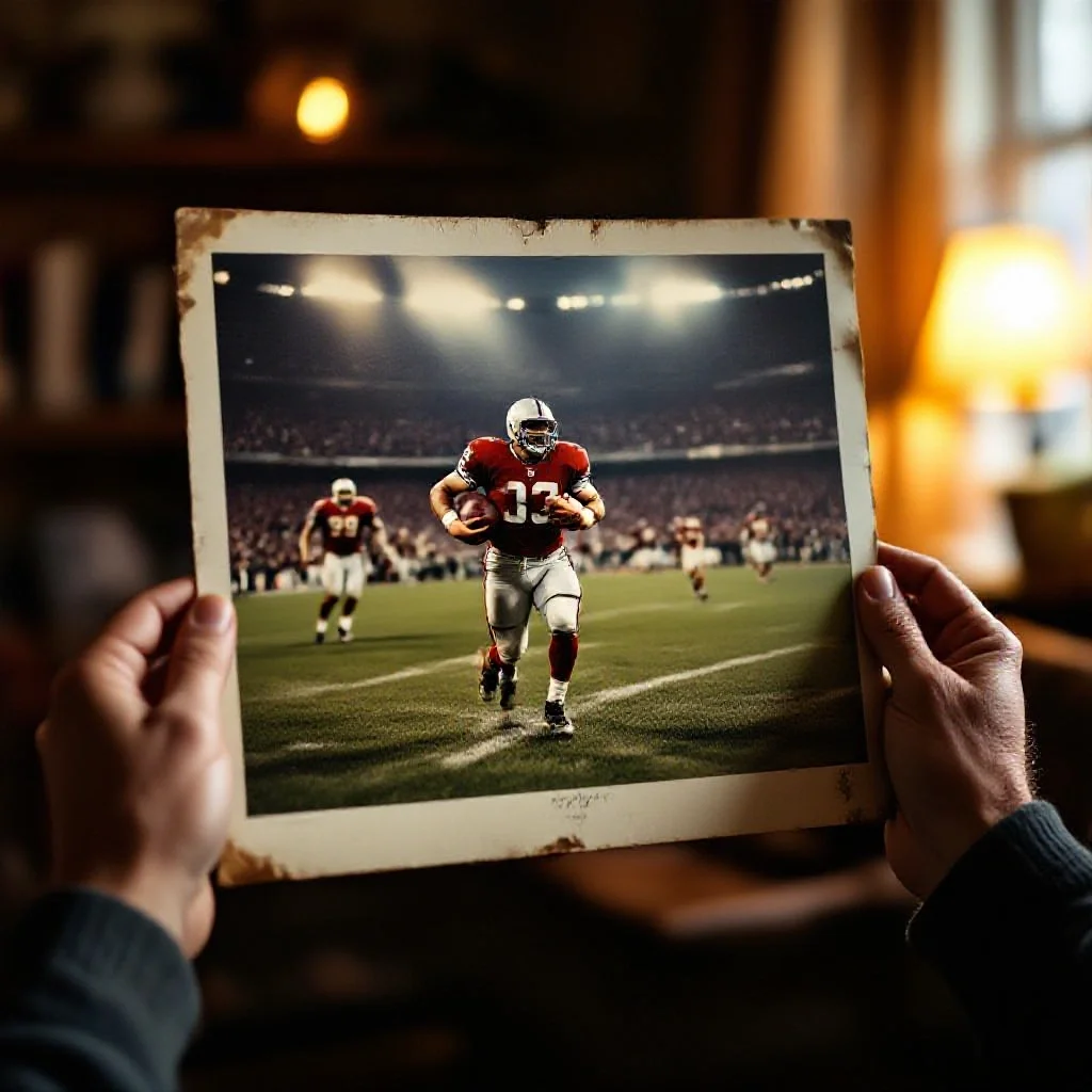 Hands holding up a large printed photo of a legendary football moment