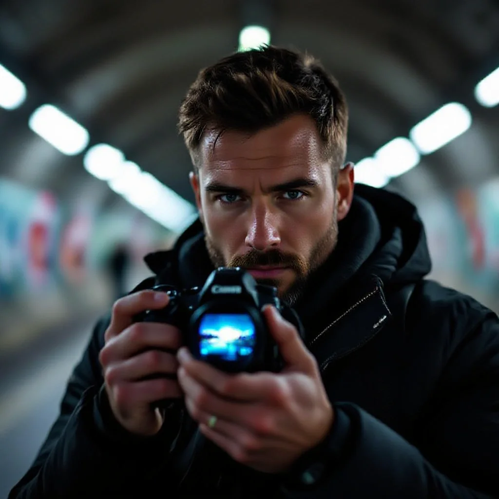 A sports photographer reviewing shots on his camera screen in a dark tunnel b...