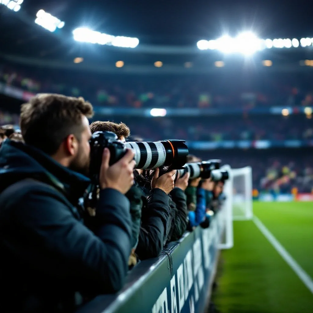 Several press photographers lined up at pitch-level behind the goal