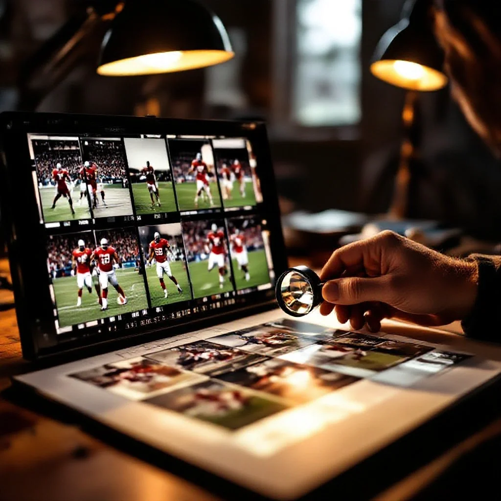 A printed photo contact sheet of football match images spread across a lightbox