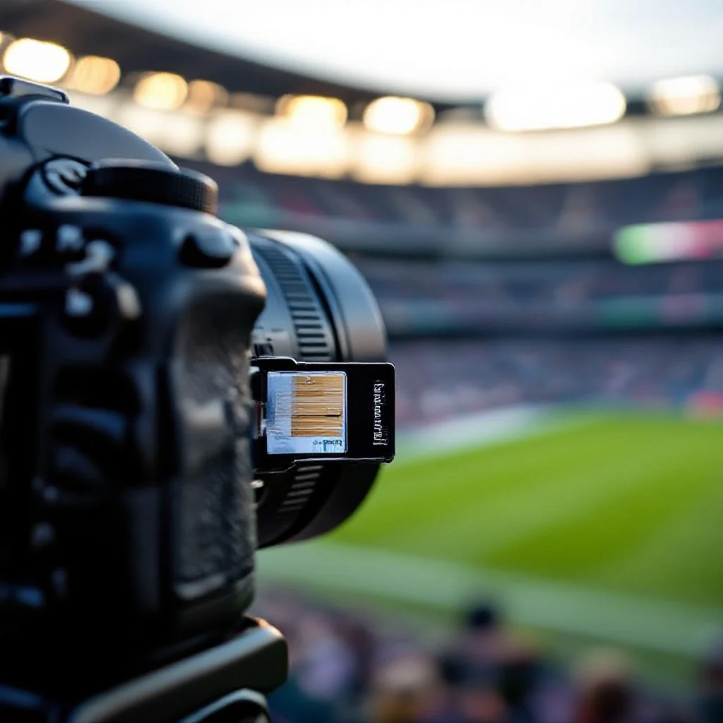 A photography memory card being inserted into a camera