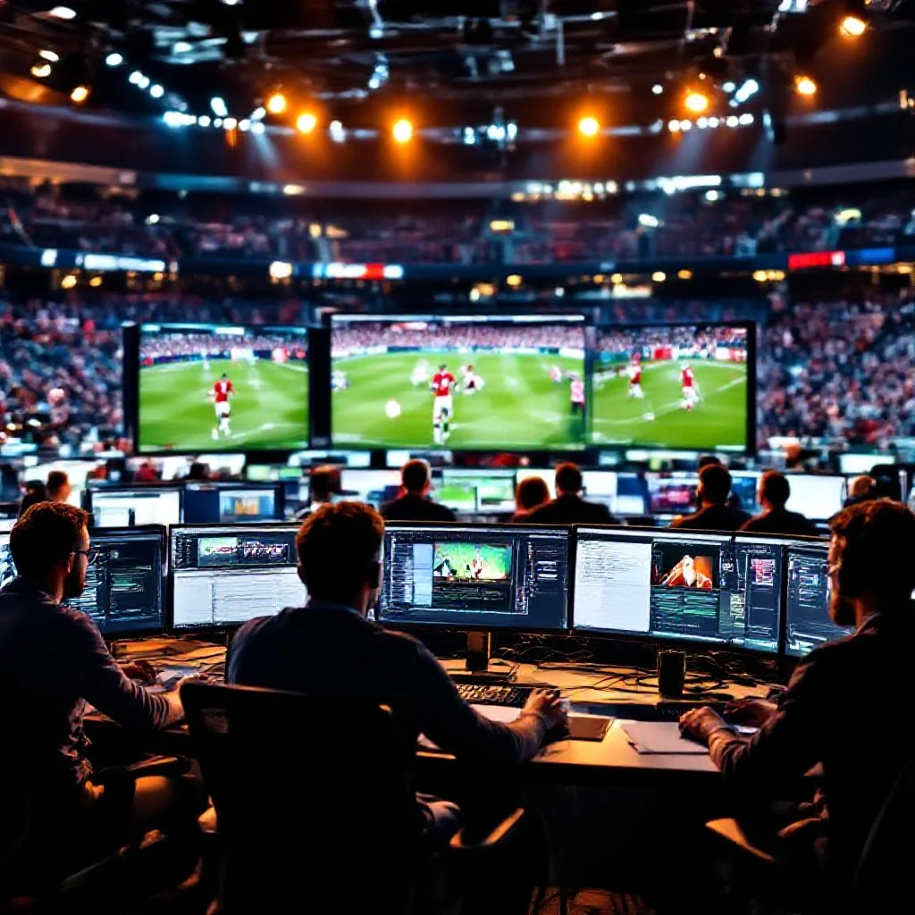 A photo editing suite in a stadium press center