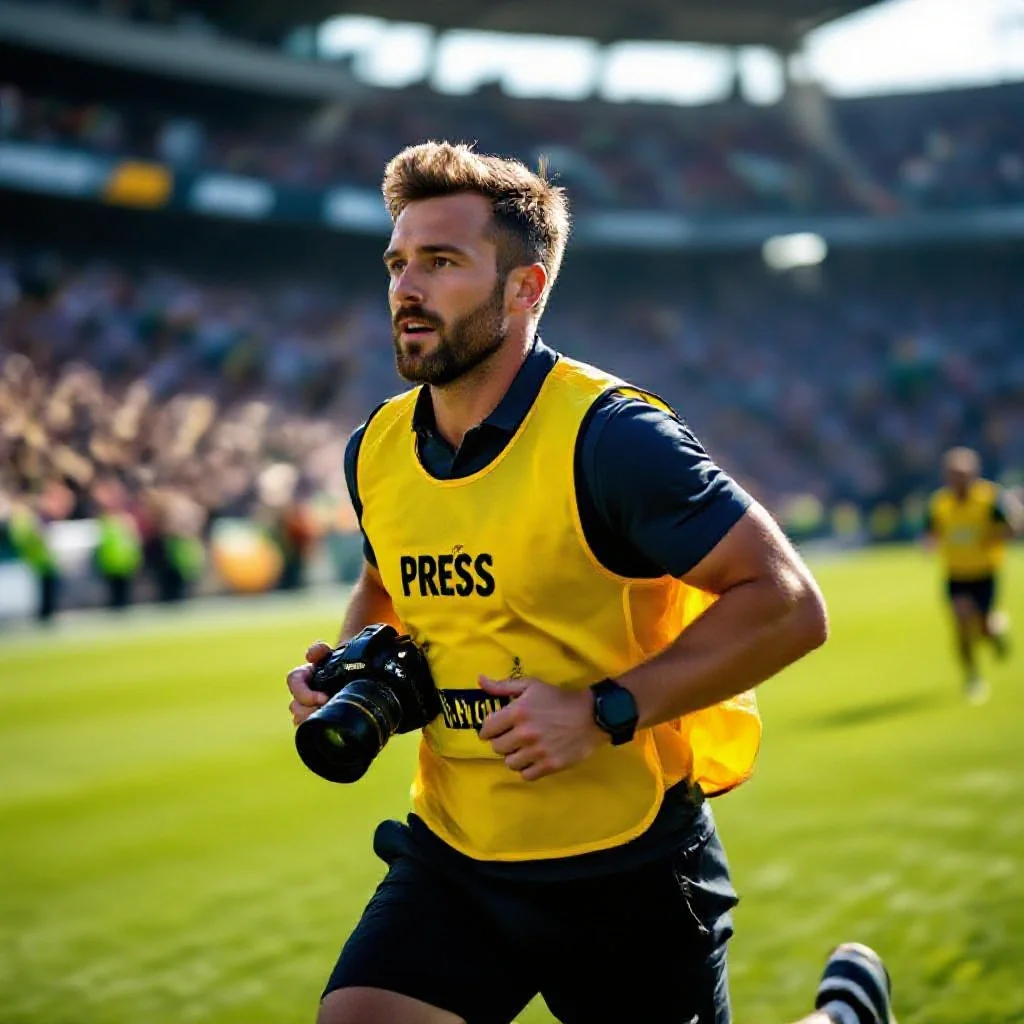 A press photographer in a yellow press vest running along the sideline to fol...