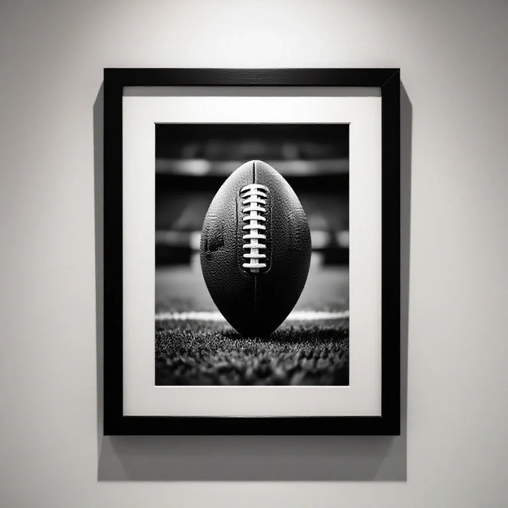 A framed black and white football photograph on a white gallery wall