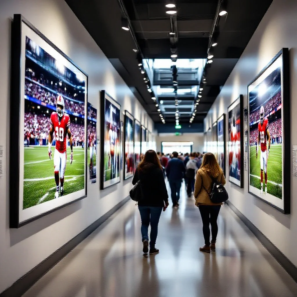 A photography print exhibition in a stadium concourse, large framed football...
