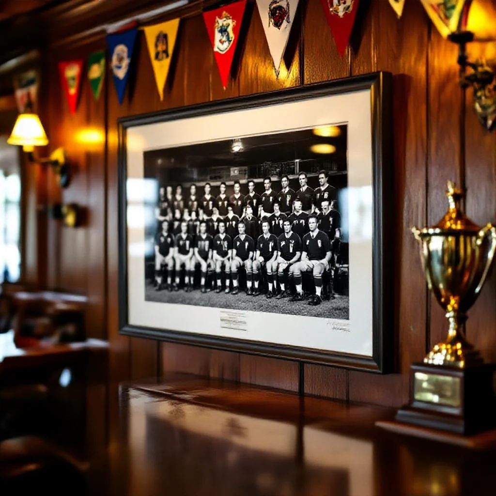 A framed historic team photo on a wood-paneled club room wall