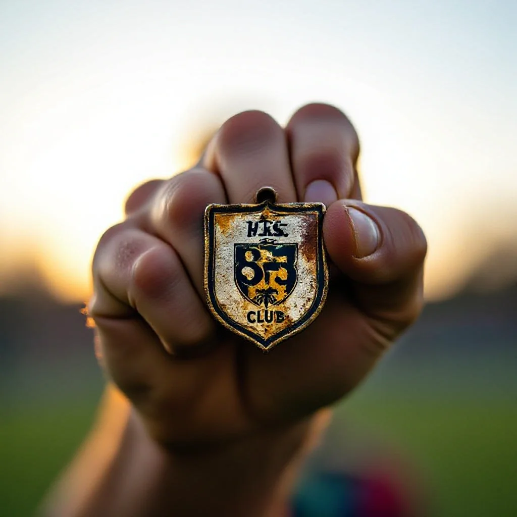 A football player’s hand holding an old worn club badge from his first profes...