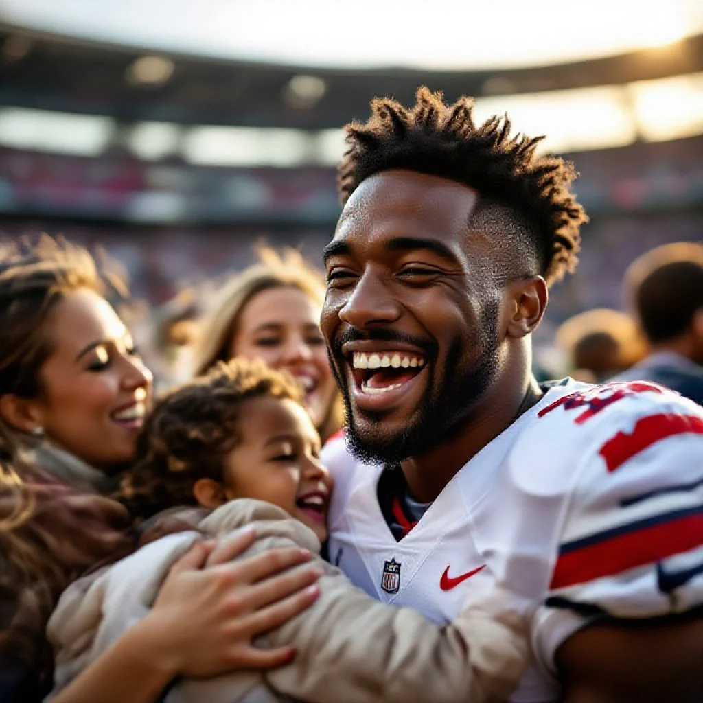 Close-up editorial portrait of a football player laughing with genuine joy wh...