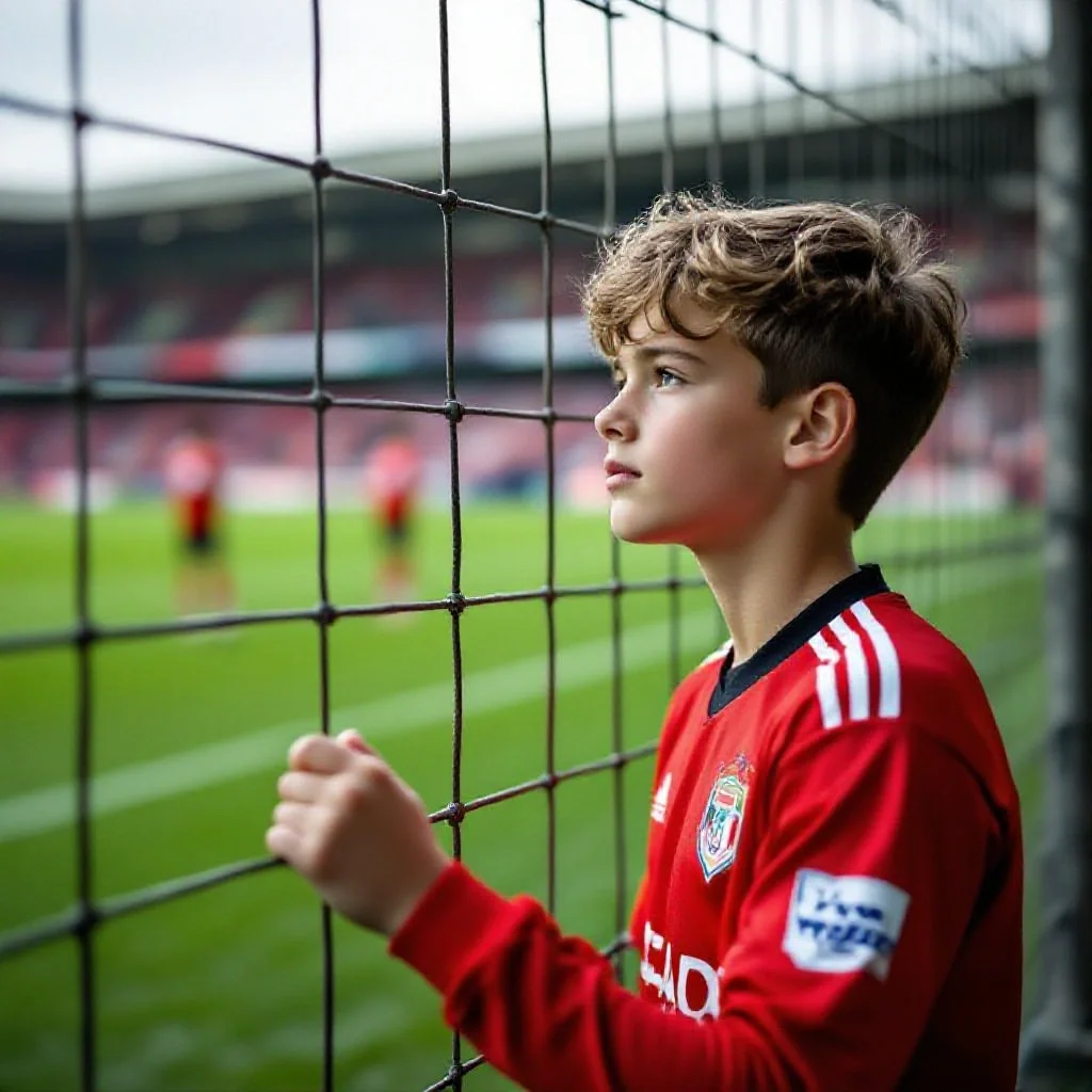 A young academy player watching the professional team warm up through a wire...
