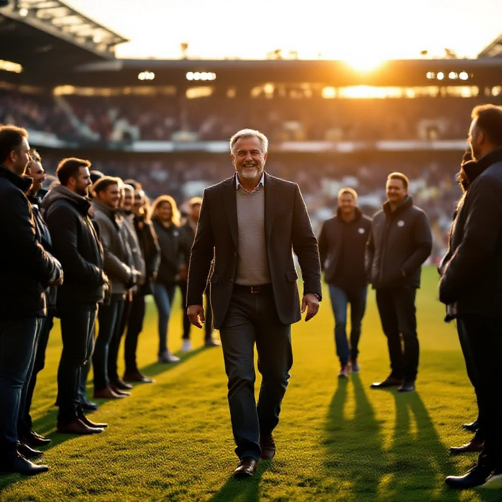 A retired football player being welcomed back to his former club’s stadium