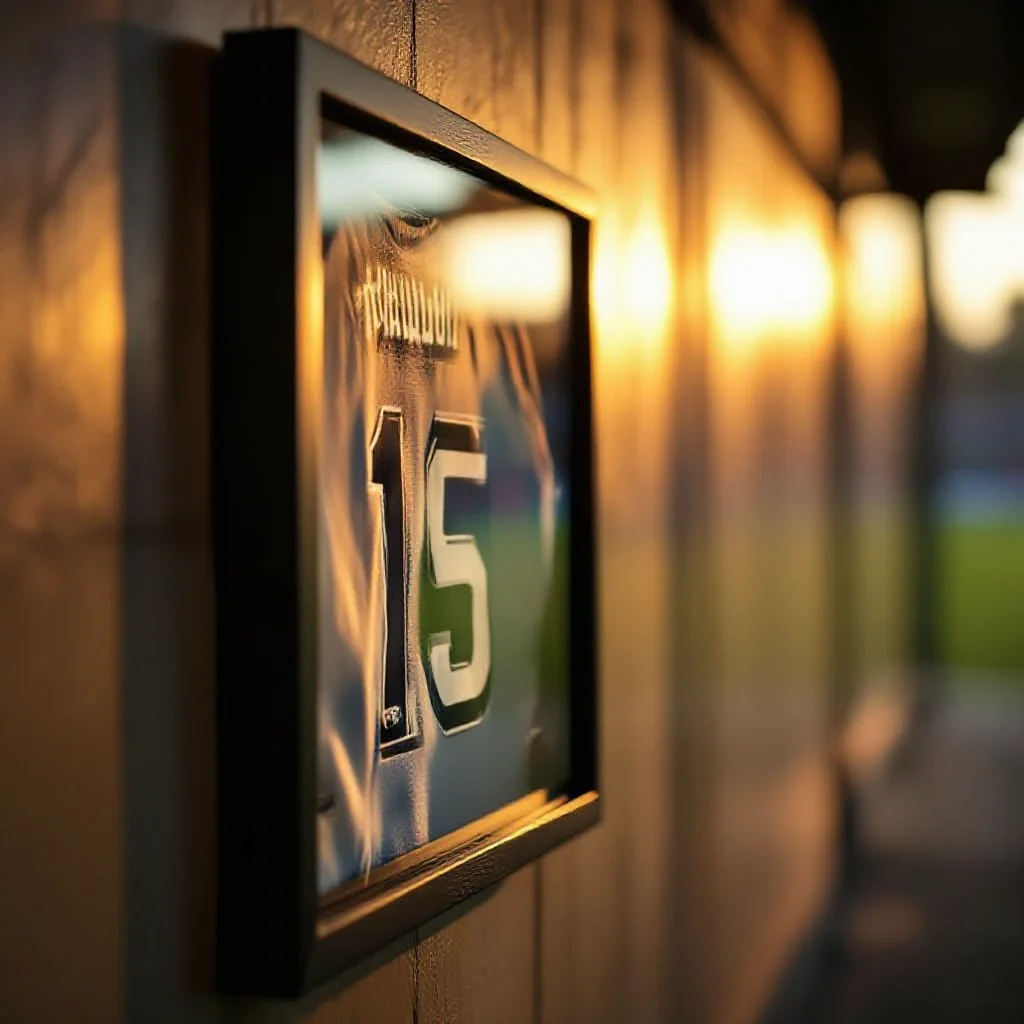 A framed jersey with a number on a training ground wall, a personal tribute...