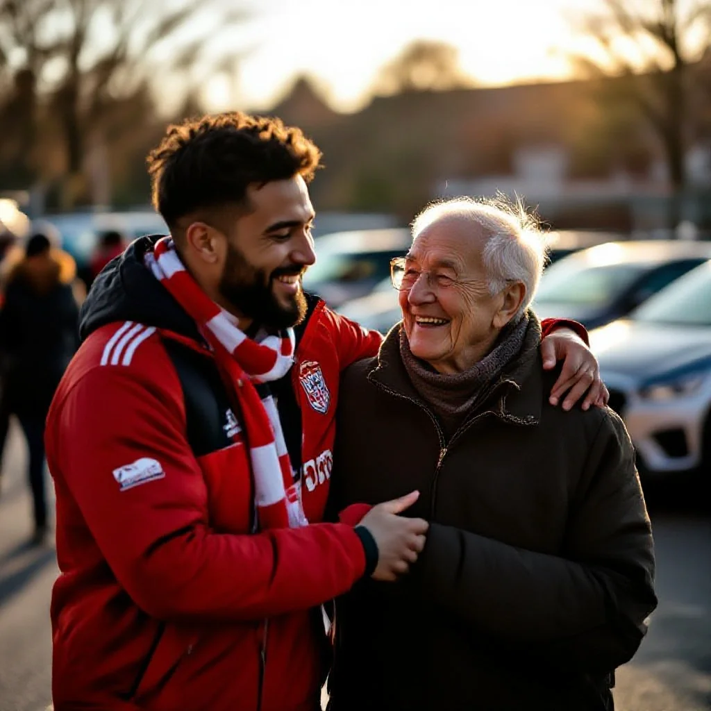 A football player helping an elderly supporter across a car park after a match