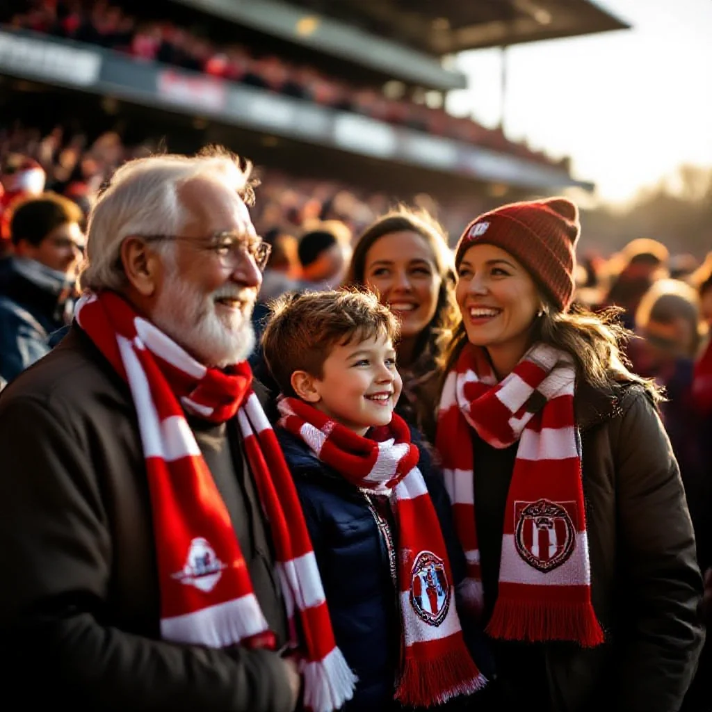A multi-generation family of football supporters arriving at a stadium togeth...