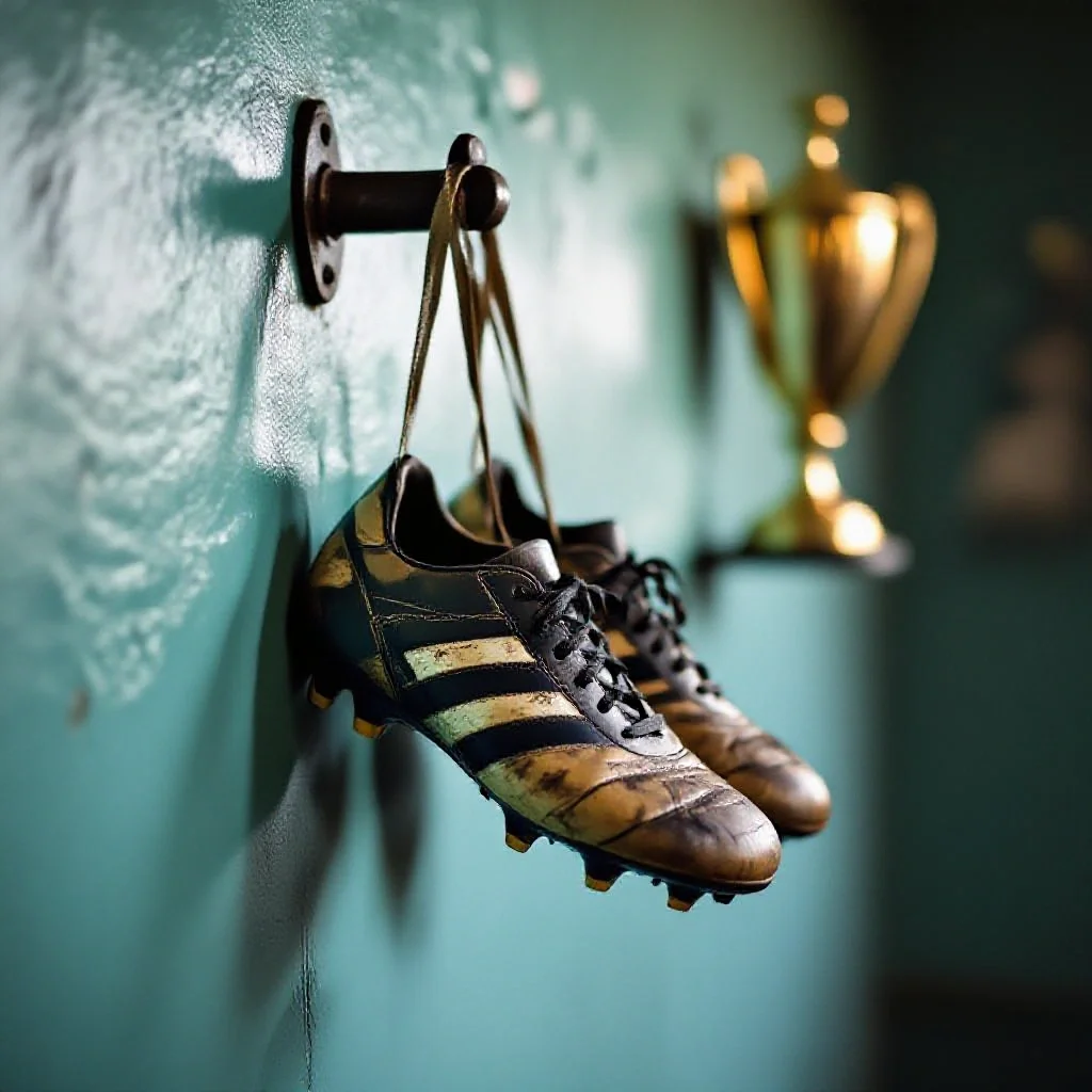 Worn football boots hanging from a nail on a painted club room wall, a caree...