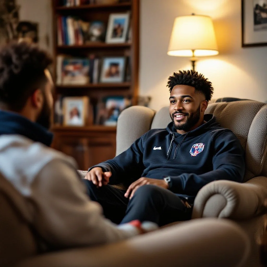 A football player being interviewed at home for a documentary
