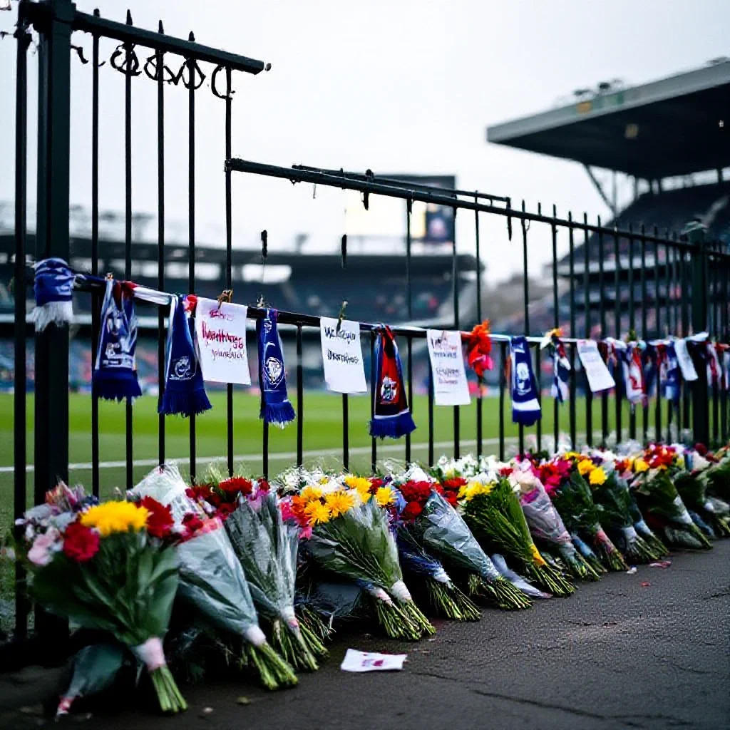 Floral tributes laid outside a football stadium gate