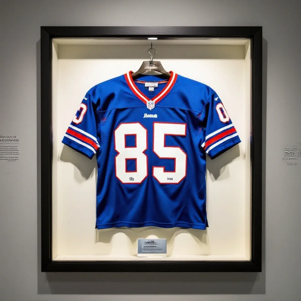 A framed and signed football jersey hanging in a museum display case